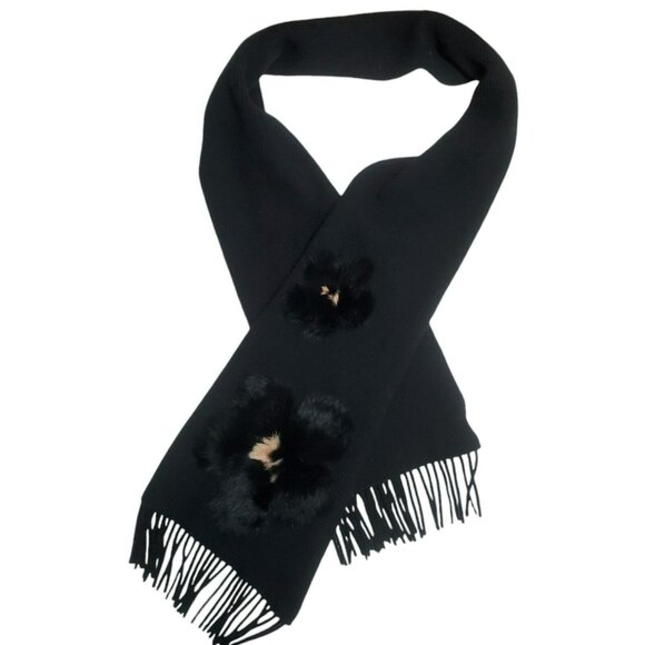 New Portolano Lambs Wool Blend Scarf Fur Flowers Angora Rabbit Black Wrap 12x70 - Picture 5 of 10